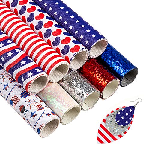 Product Cover 9 PCS American Flag Faux Leather Sheets Printed Synthetic Litchi Leather Sheet Glitter Fabric for Making Earrings Bows Independance Day DIY Patriotic Crafts