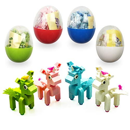 Product Cover QINGQIU 4 Pack Unique Unicorn Building Blocks Toys in Plastic Easter Eggs for Kids Boys Girls Easter Basket Stuffers Fillers Gifts Party Favors