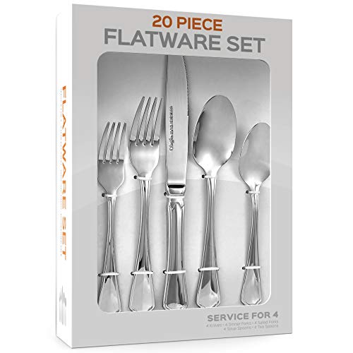 Product Cover 20 Piece 18/10 Stainless Steel Silverware Set - Multipurpose Flatware Utensils for Home Dining, Wedding, Restaurant, Party, Elegant Mirror Finish - Durable, Dishwasher Safe - Service for 4 - by Swiffe