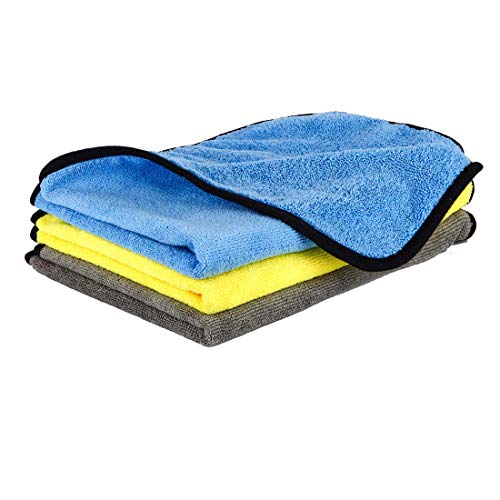 Product Cover 16'' x 16'' Large & Thick Microfiber Cleaning Cloths Strong Absorption with Fine Workmanship, Non-Abrasive Microfiber Towels for Home, Cleaning Rags for Cars, Cloth with 3-Pack (Blue, Yellow, Gray)