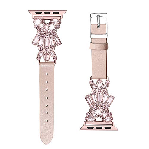 Product Cover Secbolt Band Compatible with Apple Watch Band 38mm 40mm iWatch Series 5/4/3/2/1, Top Grain Leather with Bling Crystal Diamonds Wristband Strap Accessories Women, Pink Small