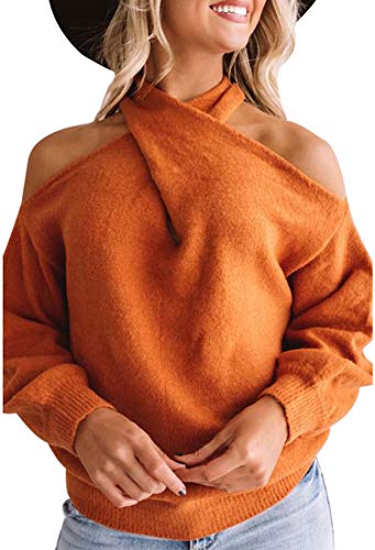 Product Cover Angashion Women's Sweaters Casual Off Shoulder Tops Crossed V- Neck Long Sleeve Crop Halter Pullover