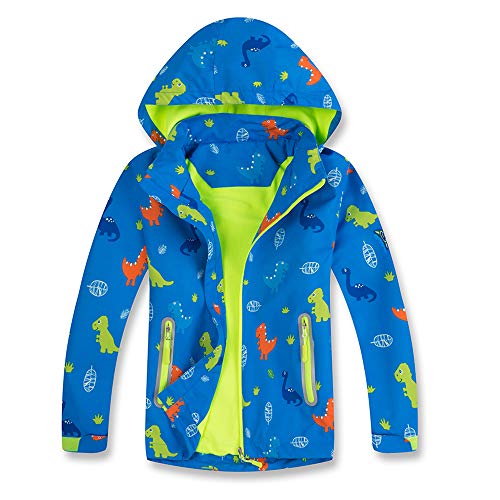 Product Cover Girls Boys Rain Jacket Dinosaur Waterproof Hooded Raincoats Windbreakers for Kids Coat (Blue,5)