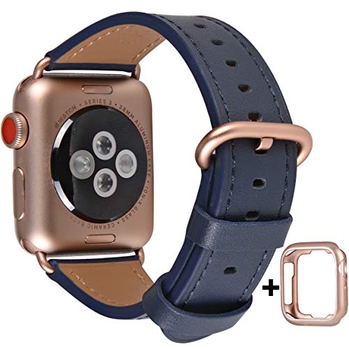 Product Cover JSGJMY Compatible with Apple Watch Band 38mm 40mm 42mm 44mm Women Men Genuine Leather Replacement Strap for iWatch Series 5 4 3 2 1 (Navy with Series 5/4/3 Rose Gold Clasp, 38mm/40mm S/M)