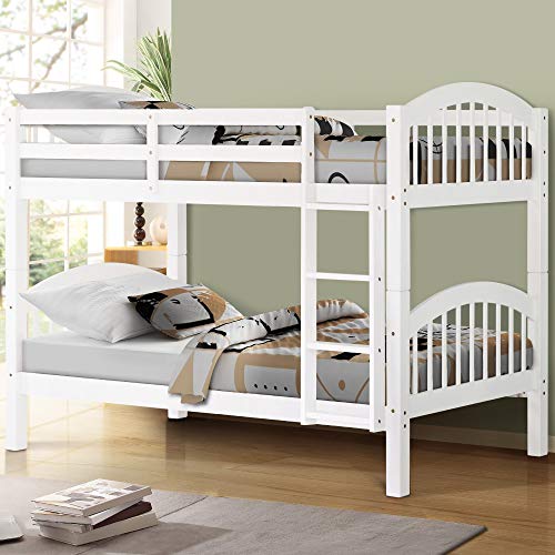 Product Cover DERCASS Solid Wood Twin Over Twin Bunk Bed with Ladder & Guard Rail for Bedroom, Dorm (White)
