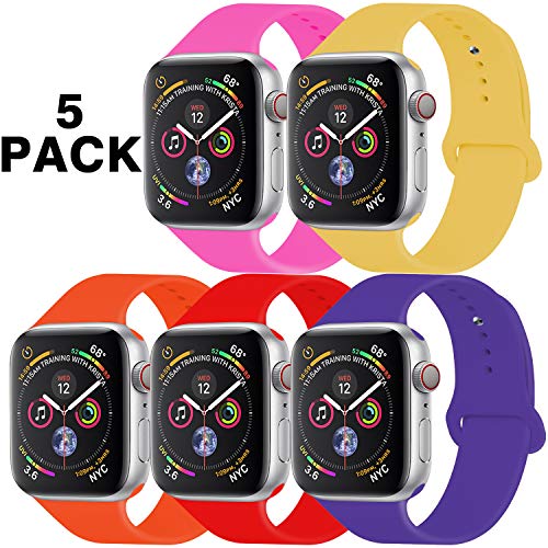 Product Cover GZ GZHISY Pack 5 Sport Bands Compatible for Apple Watch Band 42mm 44mm, Soft Silicone Band Sport Strap Compatible for iWatch Series 5/4/3/2/1 (Hot Pink/Yellow/Orange/Red/Purple, S/M)