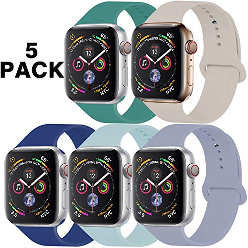Product Cover GZ GZHISY Pack 5 Sport Bands Compatible for Apple Watch Band 38mm 40mm, Soft Silicone Band Sport Strap Compatible for iWatch Series 5/4/3/2/1 (Pine/Stone/Navy/Turquoise/Lavender Gray, S/M)