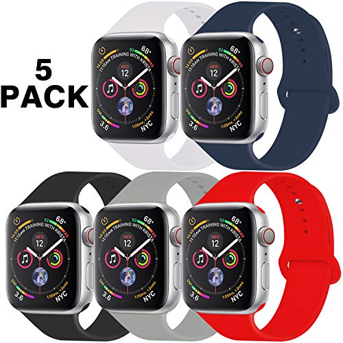 Product Cover GZ GZHISY Pack 5 Sport Bands Compatible for Apple Watch Band 42mm 44mm, Soft Silicone Band Sport Strap Compatible for iWatch Series 5/4/3/2/1 (White/Midnight Blue/Black/Concrete/Red, S/M)