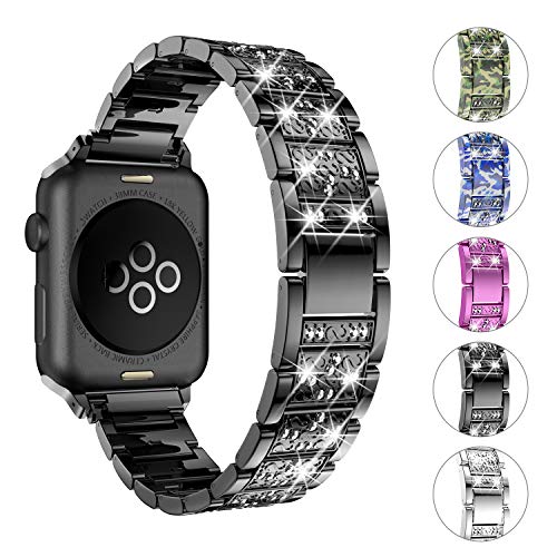 Product Cover wootfairy Bling Band Compatible with Apple Watch Band 38mm 40mm, Diamond Rhinestone Stainless Steel Band for iWatch Atrap for Apple Watch Series 4/3/2/1 (Black, 42mm/44mm)