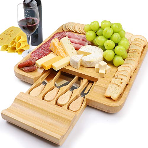 Product Cover LENUE Premium Bamboo Cheese Board, Charcuterie Platter - Large Thick Wooden Server Tray with 4 Knives | Great Choice for Serving Gourmet, Wine, Brie & Meat | Fancy Housewarming Gift - Natural Bamboo