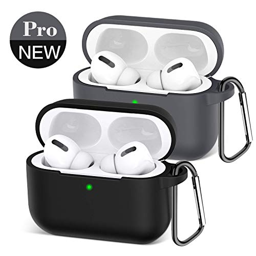 Product Cover Createstar 2 Pack Airpods Pro Case with Keychain, Airpods 3 Shockproof and Scratch-Resistant Protective Cover Silicone Case for AirPods Pro Charging Case [Visible Front LED].(Black/Gray)