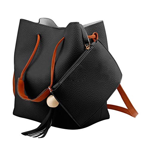 Product Cover Fashion Women Tassel Bucket Handbag Tote Shoulder Crossbody Bags + Purse Set (Black)