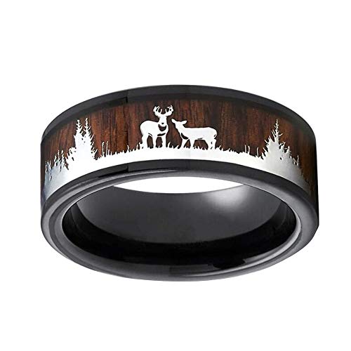 Product Cover GzxtLTX Christmas Ring,Deer Rings,Wood Inlay Deer Stag Ring,8mm Mens Wedding Band, Tungsten Silicone Set Ring,Lovers Ring (Brown, 12)