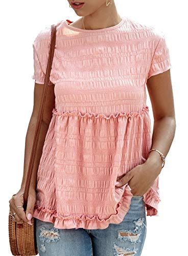 Product Cover BTFBM Women Round Neck Loose Fit Shirts Short Sleeve Pleated Babydoll Peplum Ruffle Hem Casual Plain Tops Blouse Tunic (Pink, Small)