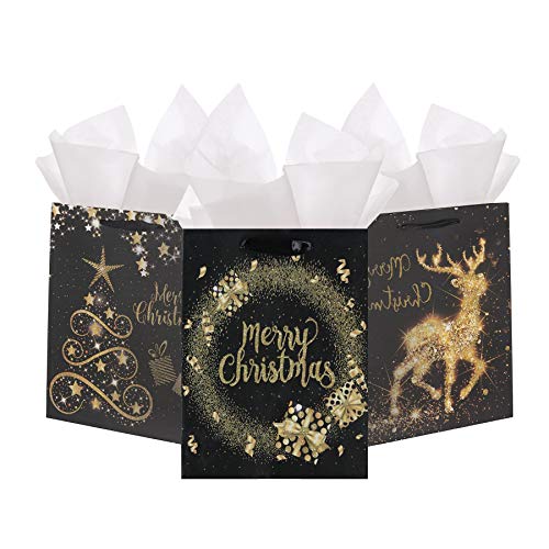 Product Cover Premium Elegant Christmas Bags Black and Gold Glittered Assorted Set of 12-6 Medium Bags and 6 Large Gift Bags in 4 Classy Designs