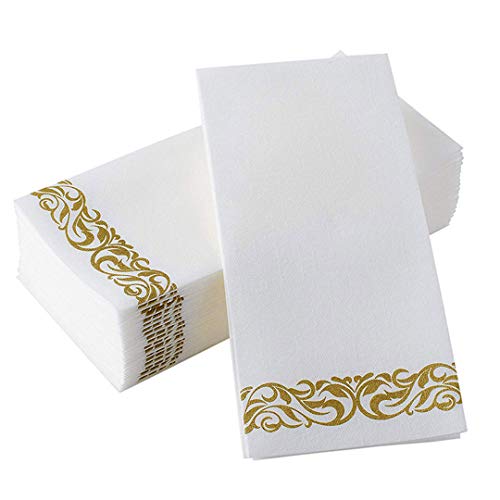 Product Cover Purple Bay Decorative Guest Towels, Linen-Feel Floral Paper Hand Towels, Disposable Napkins for Dinners, Kitchen, Bathroom, Weddings, Parties or Events - Pack of 100, White and Gold