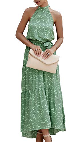 Product Cover PRETTYGARDEN Women's Casual Halter Neck Sleeveless Floral Long Maxi Dress Backless Loose Ruffle Sundress with Belt (Green, Large)