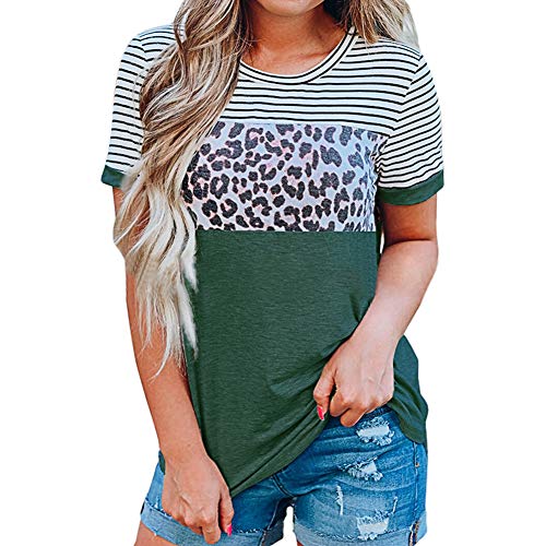 Product Cover Aurgelmir Women Leopard Print Color Block Tops Round Neck Short Sleeve Striped Casual Cute Shirts (Green,Large)