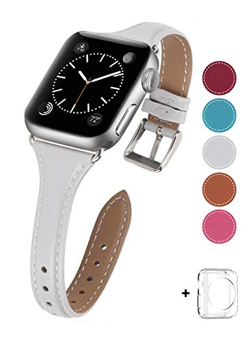 Product Cover Iwatch Womens Strap，Compatible iWatch Band Top Grain Leather Bands of Many Colors for iWatch Series 5,Series 4,Series,3Series,2Series,1Series (Pearl White + Silver Buckle, 38mm 40mm)
