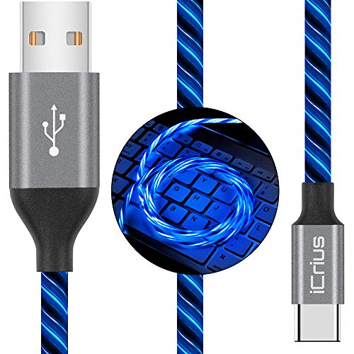 Product Cover USB Type C Cable, iCrius 3A 6ft LED Light Up Visible Flowing Fast Charger Charging Cords USB C Cable Compatible with Samsung Galaxy S10 S10E S9 S8 Plus Note 10 9 8,Moto Z,LG G8 and More (Blue)