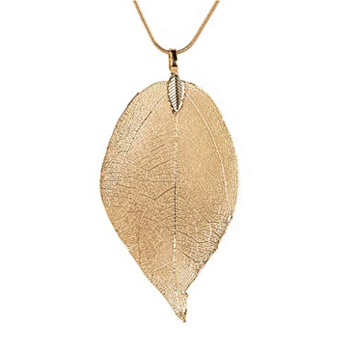 Product Cover WEILYDF Charming Natural Real Leaf Long Necklace Elegant Simple Leaf Sweater Chain Birthday Female Jewelry Accessories (Gold)