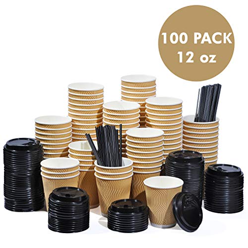 Product Cover Disposable Coffee Cups with Lids and Stirrer Straws - Bulk Set of 100 - Small 12 oz Compostable Biodegradable Insulated Paper Cups for Coffee, Tea, Espresso, Hot Drink - Travel Coffee Cup Set 12oz