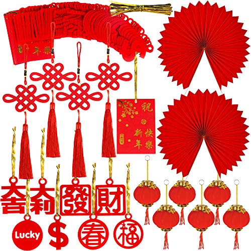 Product Cover 86 Pcs Chinese New Year Decorations Chinese Characters Red Lanterns Knots Tassel Ornaments Paper Fans Hanging Good Luck Ornaments for Chinese Lunar New Year 2020 The Year of The Rat Party Decor