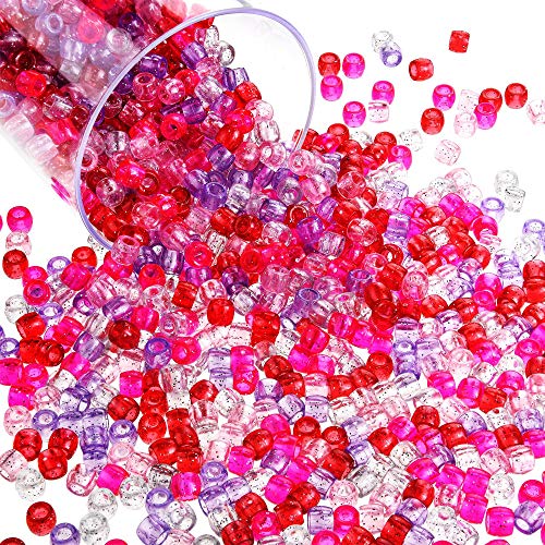 Product Cover 1000 Pieces Valentines Pony Beads Glitter Craft Beads Colorful Plastic Pony Beads with Storage Box for Valentine's Day Home Decoration DIY Crafts, 5 Colors