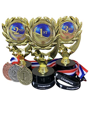 Product Cover 3 Pack Trophies 1st 2nd 3rd Place Champion Victory Winner Trophy Award Kits with Wearable Silicone Wrist Bands Matching Bright Finish Metal Award Medals and Neck Ribbons