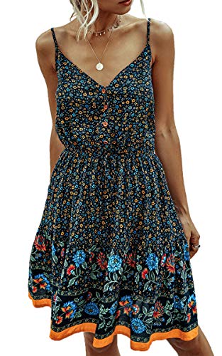 Product Cover Angashion Womens Summer Casual Floral Spaghetti Strap V Neck Boho Button Backless Mini Swing Skater Dress