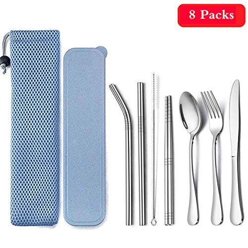 Product Cover Portable ravel Utensils, Reusable Utensils with Case, 8-Piece including Knife Fork Spoon Chopsticks Cleaning Brush Metal Straws for Travel Work Camping Picnic Stainless steel Utensil (8-piece Silver)