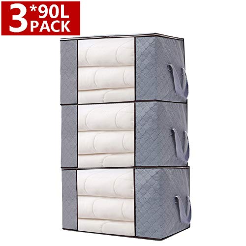 Product Cover FITHOMESTORAGE Large Capacity Clothes Storage Bag Organizer, Reinforced Handle Thick Fabric Material, Foldable with Sturdy Zipper, Clear Window, for Comforters, Blankets, Bedding, 90L, 3pcs, Grey