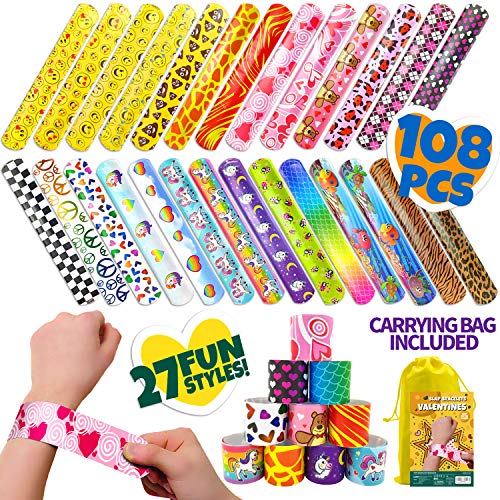 Product Cover 108 PCs Slap Bracelets Valentines Day Party Favors Pack (27 Designs) with Colorful Hearts Animal Emoji and Unicorn for Valentines Gift and Classroom Exchange From TRIPLEROSE