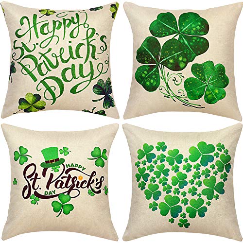Product Cover Boao 4 Pieces St Patrick's Day Pillow Cover 18 x 18 Inch Heart Green Shamrock Pillow Covers Clover Lucky Throw Pillow Case Cushion Happy Saint Patrick's Day Decorations for Sofa Couch Car Home Decor