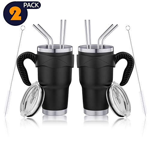 Product Cover 30oz Stainless Steel Tumbler, Vacuum Insulated Tumbler with Lid, Straw, Handle, Travel Mug Works Great for Ice Drink, Hot Beverage (Black, 2Pack)