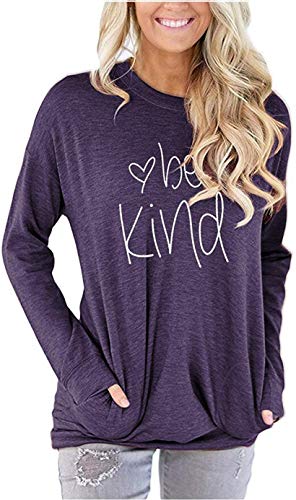 Product Cover Womens Be Kind Crewneck Sweatshirt Casual Cute Long Sleeve Loose Fitting Fall Tops T Shirt with Pockets(B_Purple,XL)