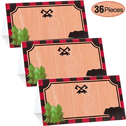 Product Cover 36 Pieces Lumberjack Plaid Place Cards Lumberjack Table Tents Lumberjack Birthday Food Tents Labels for Woodland Camping Shower Party Decorations Supplies