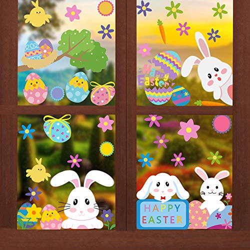 Product Cover VEYLIN 6 Sheets 100Pcs Cute Easter Window Clings, Colorful Eggs Bunny Window Sticker Decoration for Easter Party