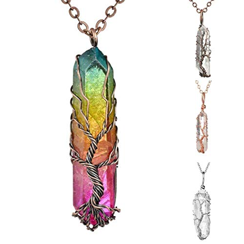 Product Cover Zhuygba Women Gemstone Tree of Natural Crystal Hexagon Column Pendant Necklace