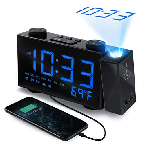 Product Cover WAPASY Projection Alarm Clock, Dual Alarm Clock for Bedroom, Digital FM Radio Alarm Clock with USB Port and Indoor Thermometer, 6