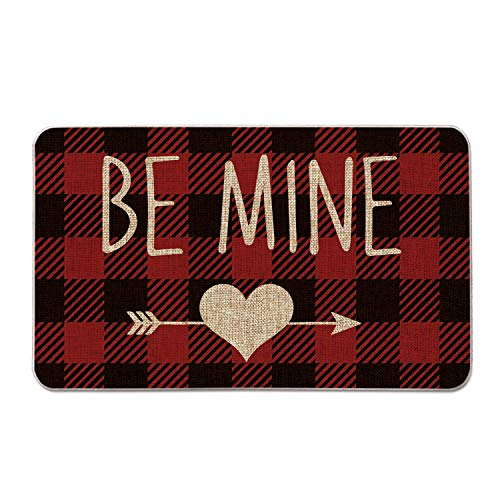 Product Cover AVOIN Buffalo Plaid Be Mine Love Heart Decorative Doormat Non-Skid Rubber, 17 x 29 Inch Valentine's Day Anniversary Wedding Low-Profile Floor Mat Switch Mat for Indoor Outdoor Home Garden