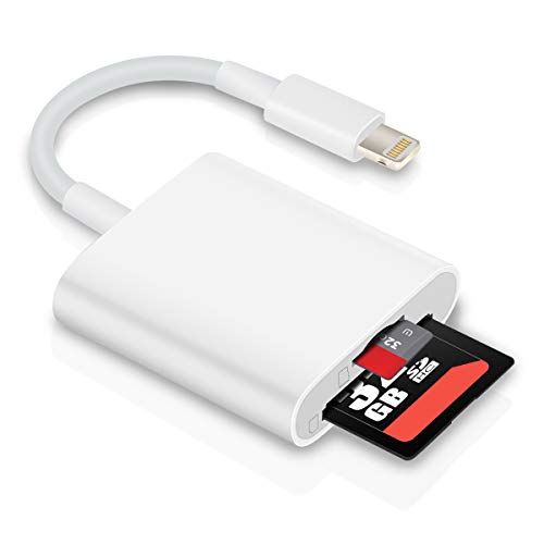 Product Cover SD Card Reader for iPhone iPad, HENKUR 2 in 1 TF & SD Memory Card Reader Adapter, Dual Slot Trail Game Camera Viewer (Support iOS 9.2-13 or Later) No App Required (White)