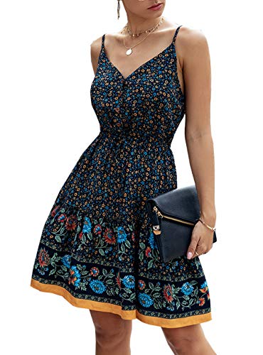 Product Cover PRETTYGARDEN Women's Floral Sexy V Neck Spaghetti Strap Backless Button Down Sundress Swing Ruffle Summer Mini Short Dress with Belt (Z-Navy, Small)