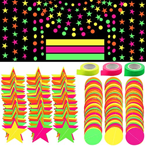 Product Cover Black Light Party Supply, ZALALOVA 135.6ft Black Light Neon Star Circle Dots Tapes Banner Garland Hanging Decorations Glow in the Dark Reactive UV Light for Party Birthday Wedding Decorations (9 Pack)