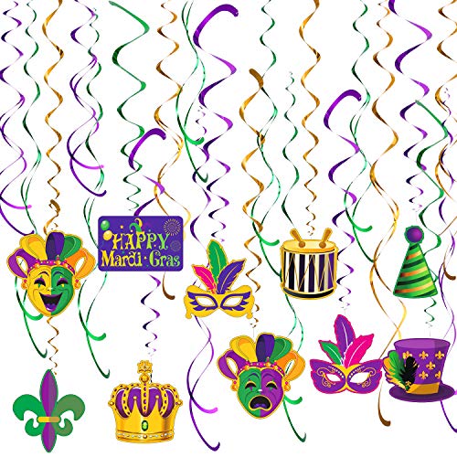 Product Cover Blulu Mardi Gras Party Hanging Swirls Party Ceiling Decorations Mardi Gras Decorations for Party Mardi Gras Theme Celebration Baby Shower Birthday Party Supplies Event Supplies 30ct