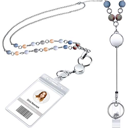 Product Cover Retractable Badge Reel Lanyard with ID Holder for Women, Fashion Beaded Lanyard Stainless Steel Chain Necklace with Clear Waterproof Badge Card Holder