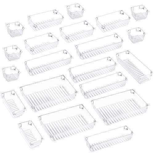 Product Cover Kootek 21 Pcs Desk Drawer Organizer Trays 4-Size Bathroom Drawer Tray Plastic Storage Organizers Bins Customize Layout Dividers for Cosmetic Makeup Dresser Kitchen Flatware Cutlery Office Accessories