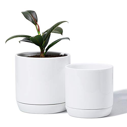 Product Cover POTEY Plant Pots with Drainage Holes & Saucer - Glazed Ceramic Modern Planters Indoor Bonsai Container for Plants Flower Aloe(Set of 2-5.1 + 4.2 Inch, Shiny White, Plants Not Included)