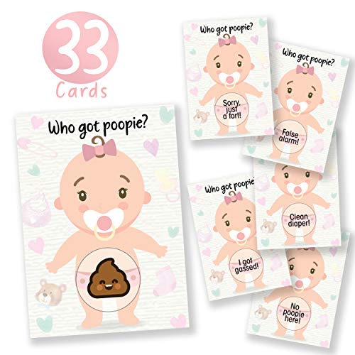 Product Cover 33 Baby Shower Raffle Card Game for Girls, Poopie Emoji Scratch Off Lottery Tickets by Party Hearty, 3 Winners, 5 Different Loser Card Designs, Silly Activity for Ice Breakers & Door Prizes