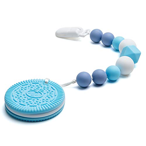 Product Cover Leayjeen Baby Teething Toys Silicone Teether Egg Biscuit Chew Beaded Pendant Holder for Newborn Boys Girls (Blue)